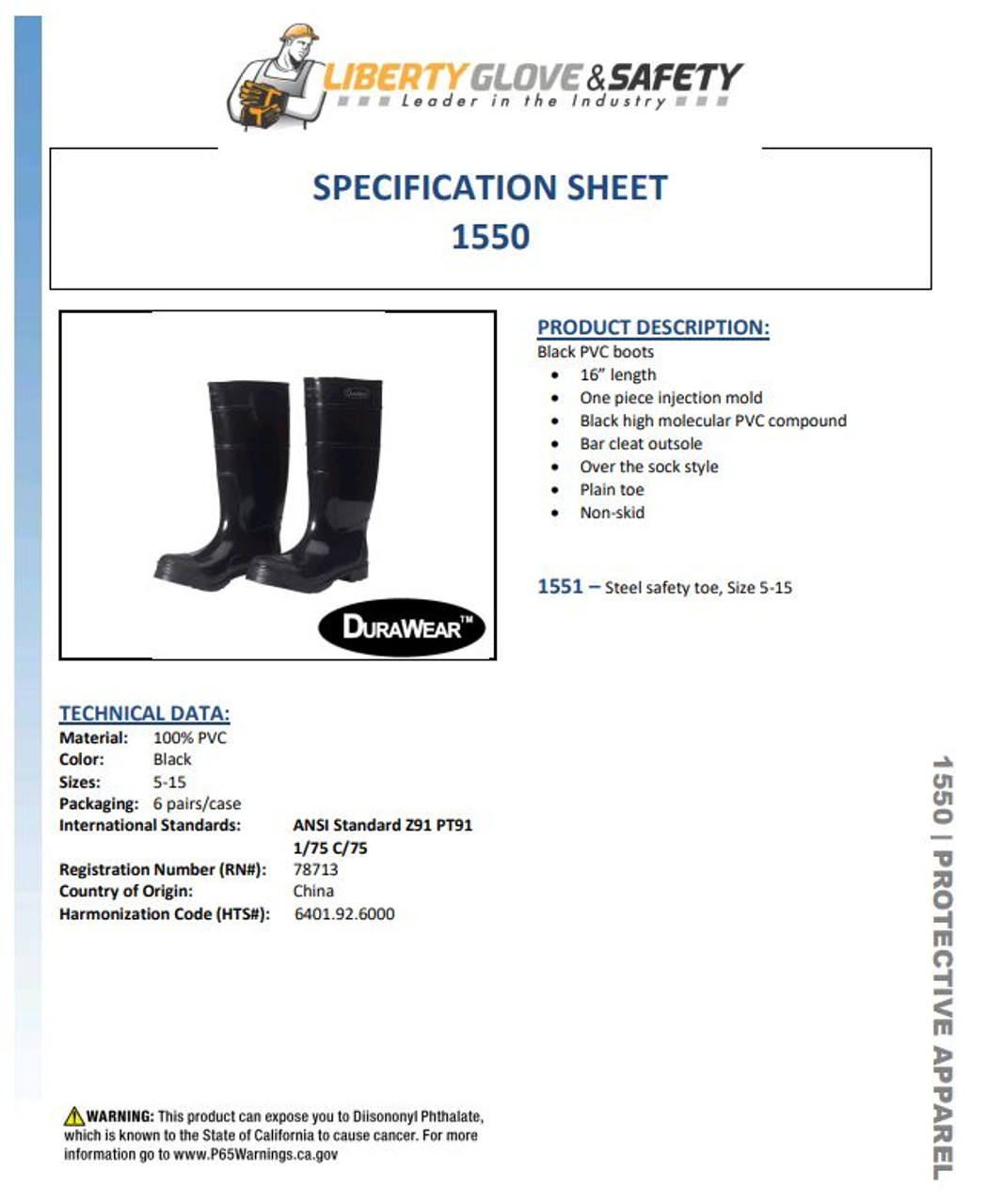 Liberty® Durawear® 16" Premium PVC Boots - Plain Toe