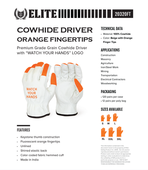 2032OFT- ELITE Premium Grade Grain Cowhide Driver - Fluorescent Fingertips (WATCH YOUR HANDS" LOGO)