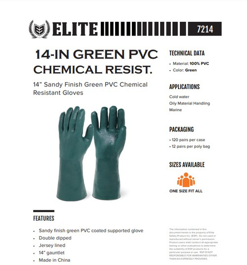 7214- ELITE 14" SANDY FINISH GREEN PVC Chemical Resistant Gloves - 12 pairs