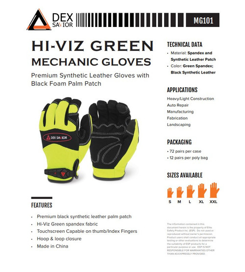 MG101- DEX SAVIOR Premium Synthetic Palm Patch Hi-Viz Green Mechanic Gloves(2XL)