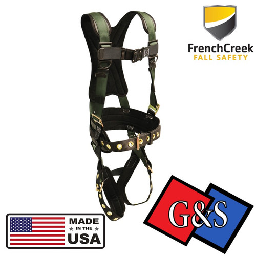 Frebch Creek Productions 22850 Full Body Harness, Green Single Back Dorsal D-Ring, Waist Pad W/Removable Tool Belt, Shoulder/Back Pad, Leg Pads, Tongue Buckle Legs