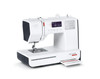 Bernette 38 white computerized sewing machine with black tote bag, front angled view showing digital display