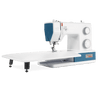 Bernette 05 Academy sewing machine in white with blue accents, includes extension table and tote bag