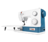 Bernette b05 Academy sewing machine in white and blue with accessories, side angle view showing dials and controls