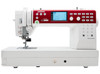Janome Memory Craft 6650 computerized sewing and quilting machine, front view, featuring red and white body, 3.6-inch backlit LCD screen, numeric keypad, start/stop button, and 10-inch all-metal seamless flatbed