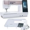 Janome MC9410 QC with extension table, accessory storage case, AcuFeed HP2 foot and needle plate, and AcuFeed standard and open toe feet bonus package