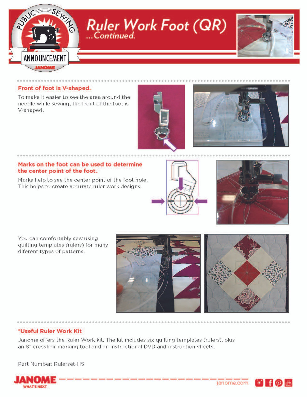 Janome 1/4 Inch Ruler Foot for High Speed Machines
