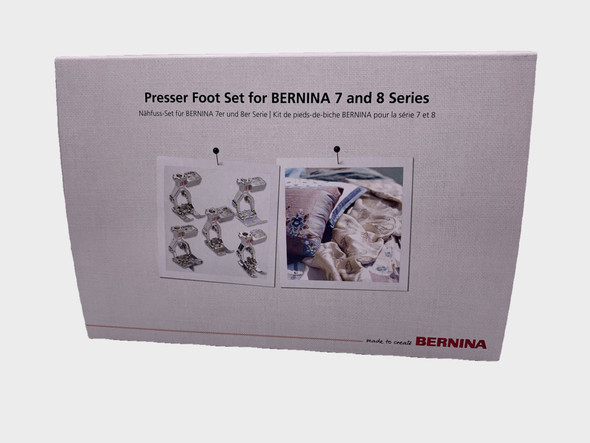 Bernina collection of presser feet for 7 and 8 series sewing machines, many dual feed feet for Bernina