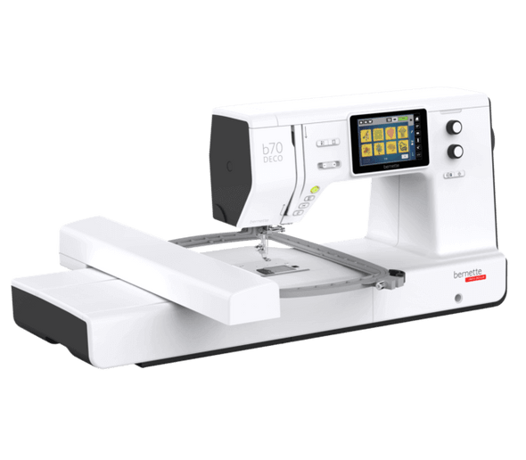 bernette b79 embroidery machine with embroidery module and hoop attached showing design screen