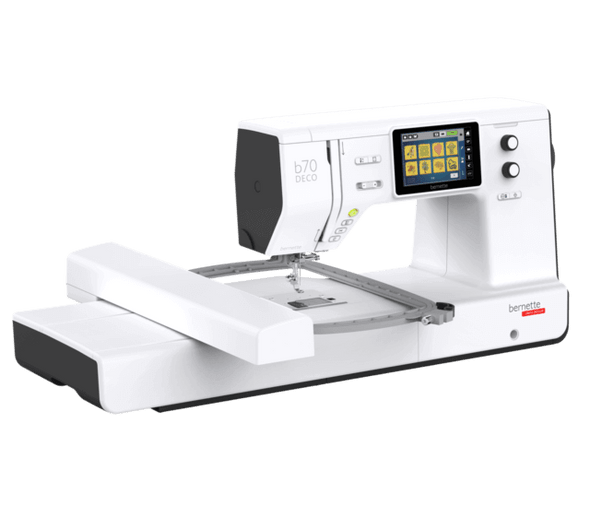 bernette b79 embroidery machine with embroidery module and hoop attached showing design screen