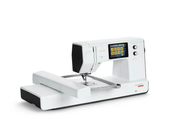 bernette b79 embroidery machine with embroidery module and hoop attached showing design screen