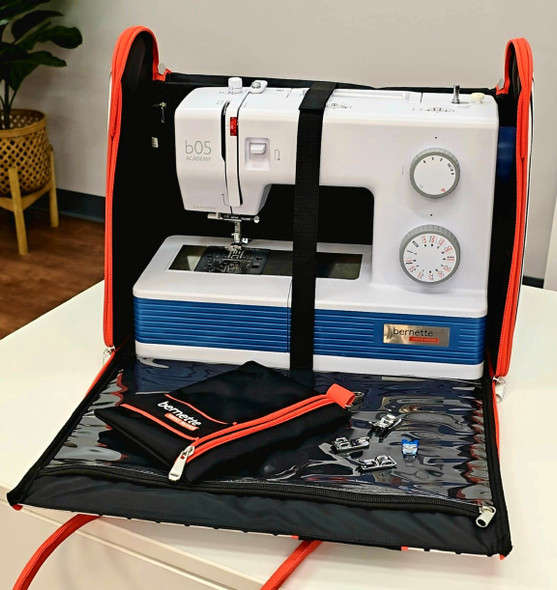 Bernette machine strapped into sewing machine tote