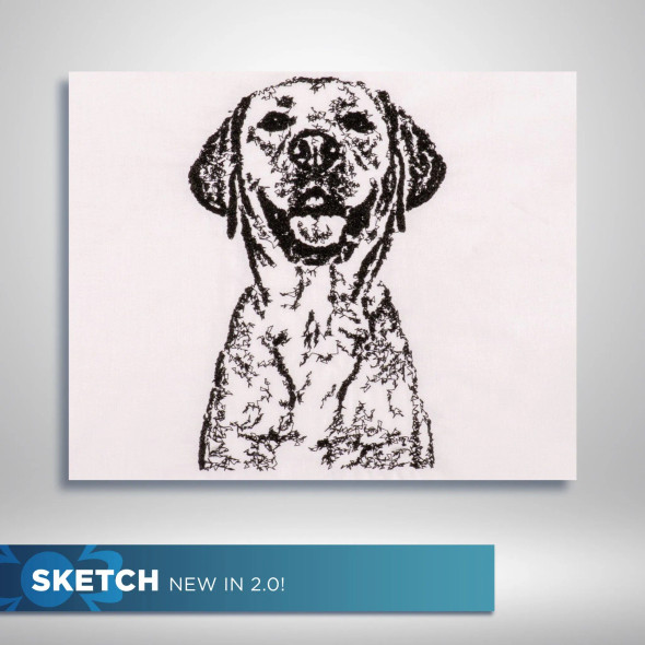 Sketch
Embroidered portrait of a Labrador dog created using the new Sketch mode in Janome Artistic Digitizer 2.0, showing a charcoal-style outline effect stitched in black thread on white fabric.