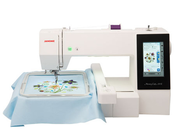 Janome 500e Embroidery Only machine with 8x11 inch maximum embroidery size with 160 built in designs and USB uploads