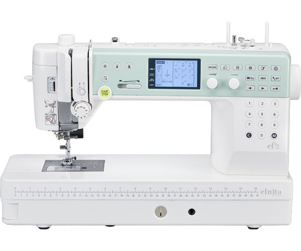 Elna Elnita EF72 computerized sewing and quilting machine, front view showing LCD screen, stitch selection controls, and 9mm throat