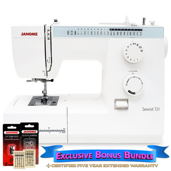 Janome Sewist 721 sewing machine with bonus package including 1/4 inch presser foot, bobbins, and universal needles