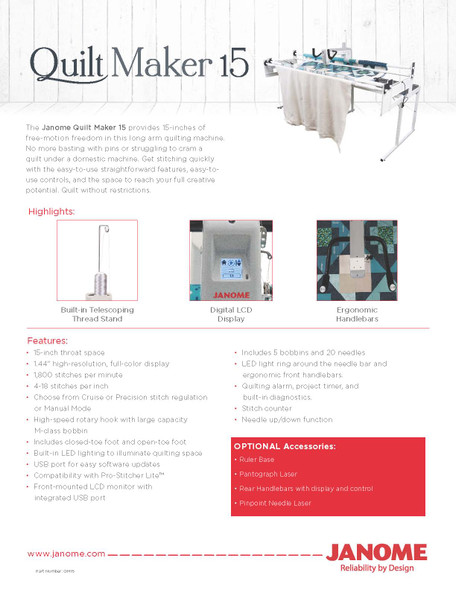 Janome Quilt Maker 15' Long Arm with 8' Frame and Bonus
