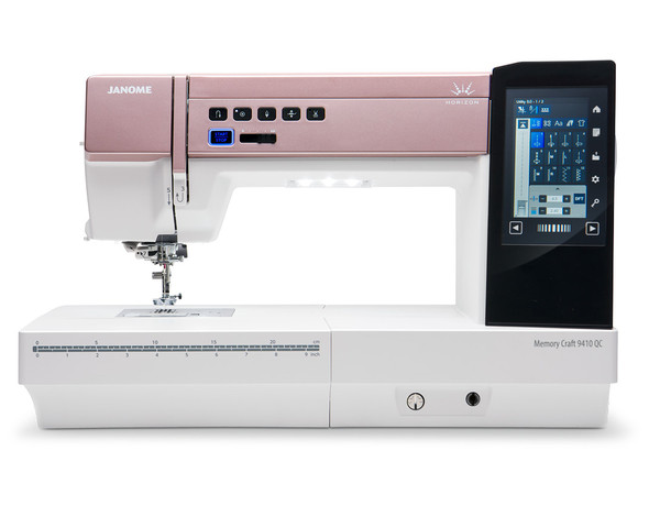 Janome Horizon Memory Craft 9410 QC front view showing the 5-inch color LCD touchscreen, stitch controls, and machine body
