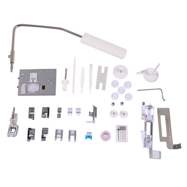 Janome Skyline S7 Anniversary Edition bonus package and standard accessories laid out, including AcuFeed feet, ruler work foot, darning foot, and scissors kit