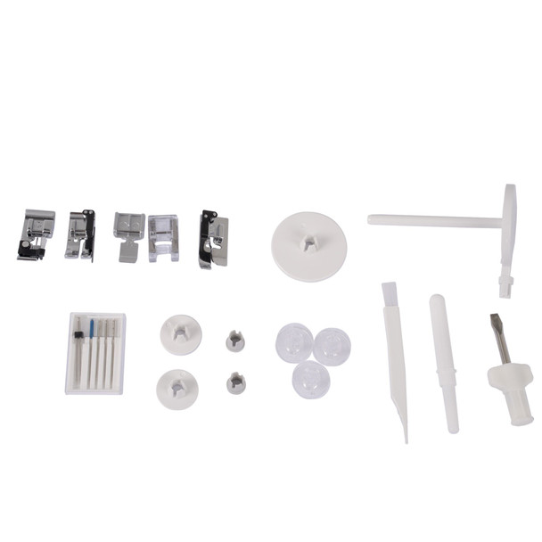 Janome Skyline S3 Anniversary Edition accessories laid out, including presser feet, bobbins, and included bonus items