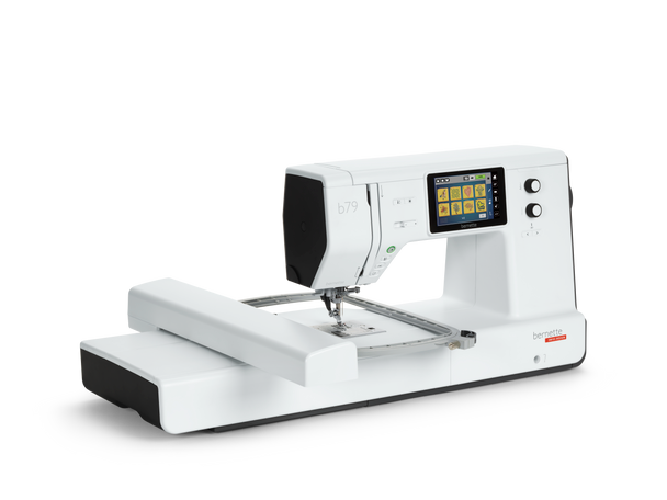 bernette b79 embroidery machine with embroidery module and hoop attached showing design screen