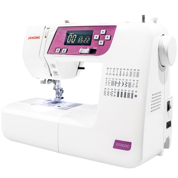 Angled view of the Janome 2030QDC-G sewing machine highlighting the compact size, carry handle, and streamlined body.