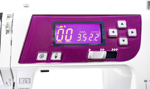 Close-up of the Janome 2030QDC-G LCD screen and control panel displaying stitch settings and easy push-button controls.