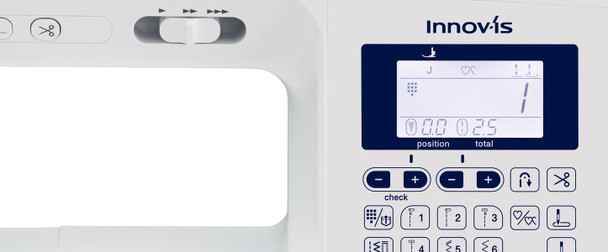 Close-up of Brother PS500 Innov-is LCD display screen showing stitch settings and control panel