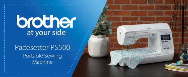 Brother Pacesetter PS500 portable sewing machine banner with blue branded design and lifestyle photography