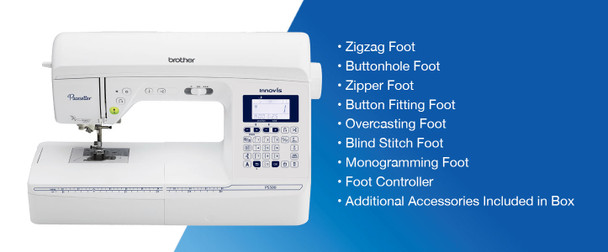 Brother PS500 sewing machine with list of included presser feet and accessories on blue background