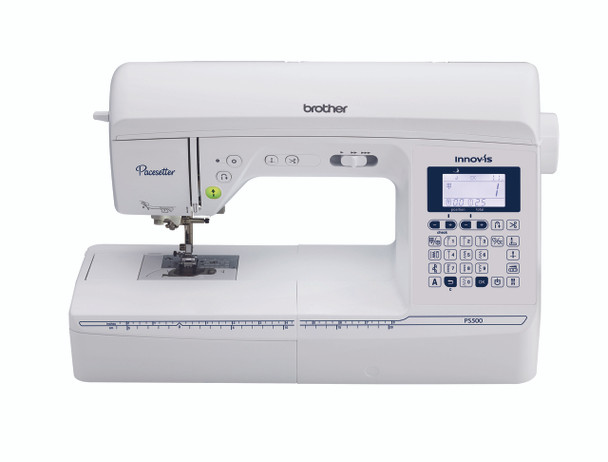 Brother PS500 sewing machine straight-on front view on white background showing control panel and workspace
