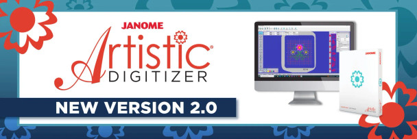 Product Banner
Janome Artistic Digitizer 2.0 product banner featuring the software logo, a computer monitor displaying the digitizing workspace with a floral embroidery design, and the retail software box, announcing the new Version 2.0 release.