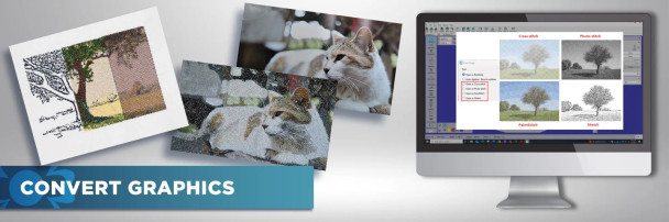 Convert Graphics
Janome Artistic Digitizer 2.0 Convert Graphics feature showing embroidered cat and tree designs alongside a computer screen displaying four image conversion options: Cross Stitch, Photo Stitch, PaintStitch, and Sketch.