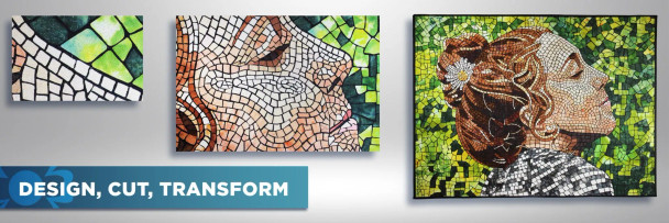 Design, Cut, Transform
Three fabric art quilts featuring intricate mosaic-style designs created with Janome Artistic Digitizer 2.0's digital cutter integration, including a close-up portrait of a woman and an abstract pattern, showcasing the software's design, cut, and transform capabilities.