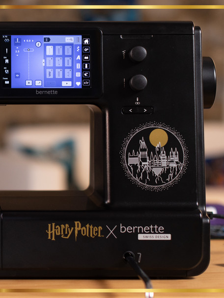bernette b79 Harry Potter Special Edition front panel showing 5-inch color touchscreen and Hogwarts castle engraving with Harry Potter x bernette Swiss Design branding