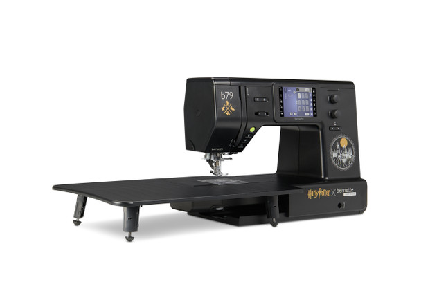 bernette b79 Harry Potter Special Edition sewing machine with extension table on black background showing Harry Potter x bernette Swiss Design branding