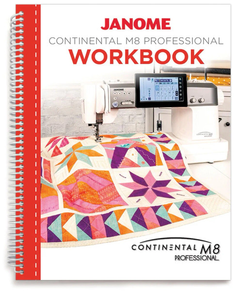 Janome Continental M8 Workbook cover showing the machine doing quilting on a free motion quilt