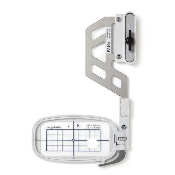 The Janome Free Arm Embroidery Hoop FA10E attached to a compatible embroidery machine, engineered for tubular embroidery on sleeves, cuffs, and narrow garments. This version is optimized for select Janome models, offering improved alignment and stability for more precise stitching. The slim, ergonomic design allows fabric to glide smoothly over the free arm while maintaining consistent tension for detailed results.