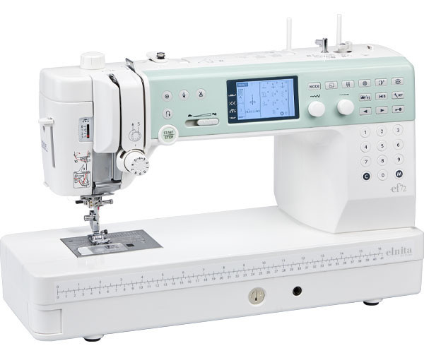 Elna Elnita EF72 sewing machine shown from a three-quarter angle, highlighting the machine depth, arm clearance, and extension table