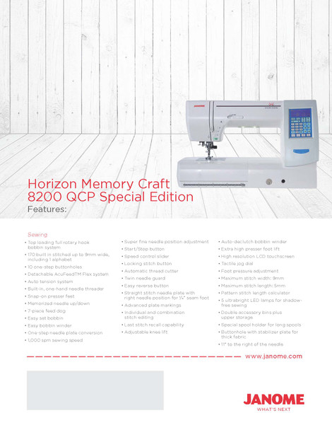 Janome 8200QCP Special Edition in use, demonstrating precise 1/4" seam quilting on colorful fabric pieces with the Acufeed Flex system ensuring even fabric feeding.