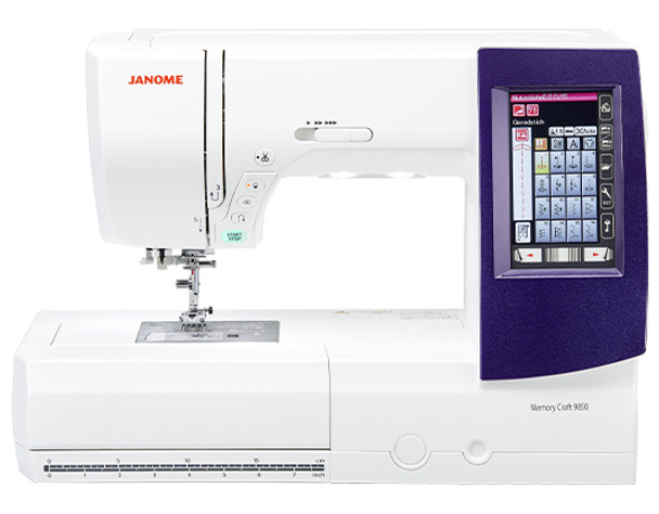 Front of Janome 9850 embroidery and sewing combo machine