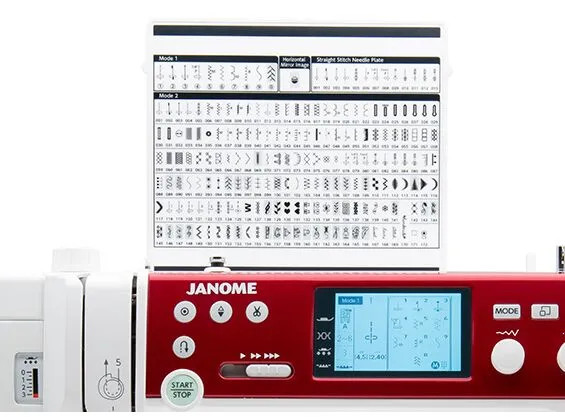 Janome MC6650 built-in stitch reference chart showing all 172 available stitches including utility, decorative, quilting stitches, 9 buttonhole styles, and two alphabet fonts