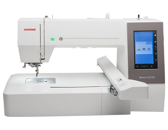 Janome 550e computerized embroidery machine shown without hoop attached, full front view of the machine body and LCD touchscreen