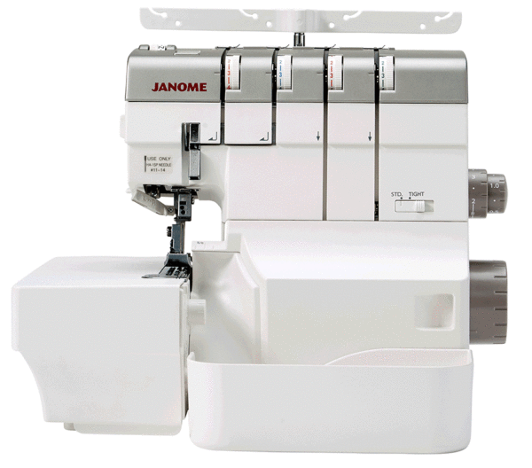 A straight-on front shot showing the full needle area, presser foot, feed dogs, and the "USE ONLY HA-1SP NEEDLE" label. The STD/TIGHT tension slider and dial are visible on the right. Clean white background.