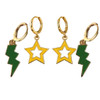 Arkansas Tech University Wonder Boys and Golden Suns Spirit Earring Stack: green mini enamel bolts and golden yellow statement open starboy huggies