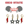 ohio state spirit earring stack with grey statement open starboy earrings and red enamel bolt earrings