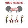 red statement open starboy earrings and grey enamel bolt earrings