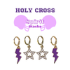 Holy Cross Spirit Earring Stack with white mini enamel bolts and purple starboys