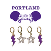 Portland Spirit Earring Stack with white mini enamel bolts and purple starboys