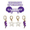 University of Scranton Royals Spirit Earring Stack: purple mini enamel bolts and white statement open starboy huggies